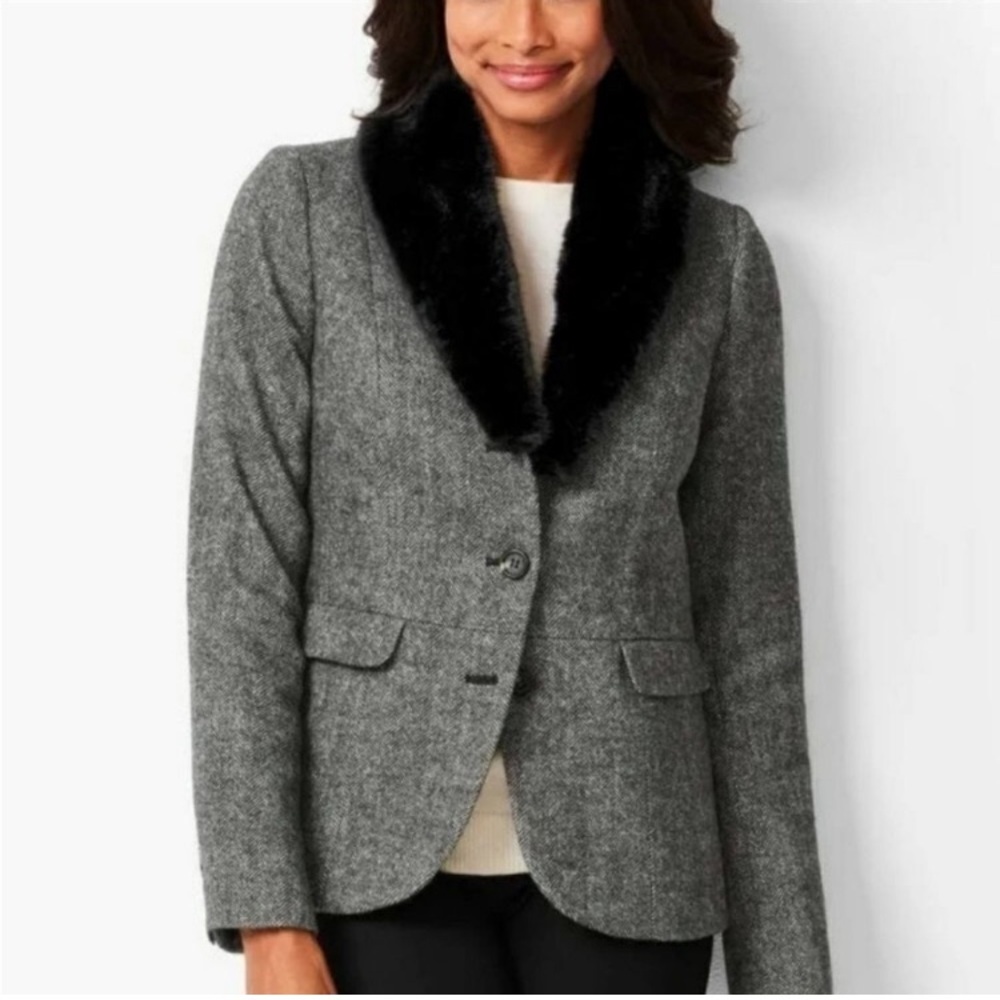 Talbots Aberdeen Herringbone Woven Removable Fur Collared Blazer Sz 10